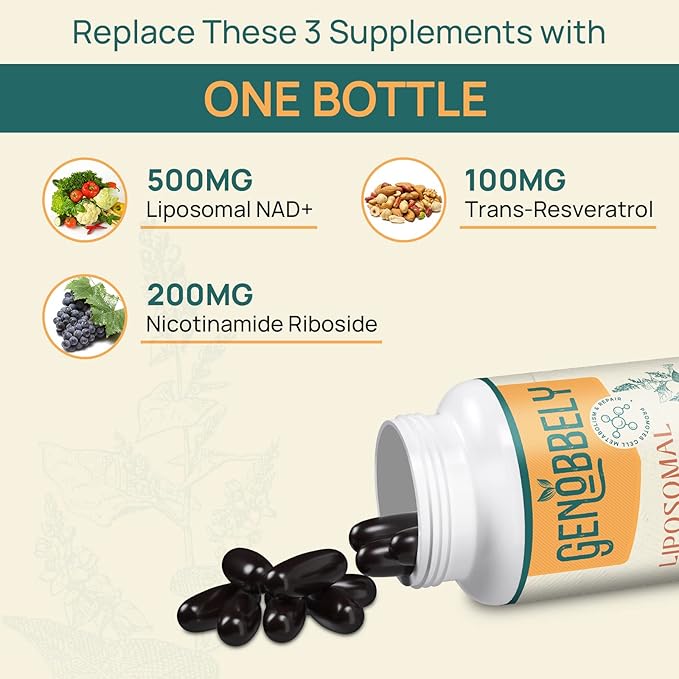 GENOBBELY 800 mg Liposomal NAD+ Supplement with Nicotinamide Riboside 200 mg Trans-Resveratrol 100 mg - True NAD Supplement for DNA Repair Healthy Aging Brain Function - 180-Day Supply