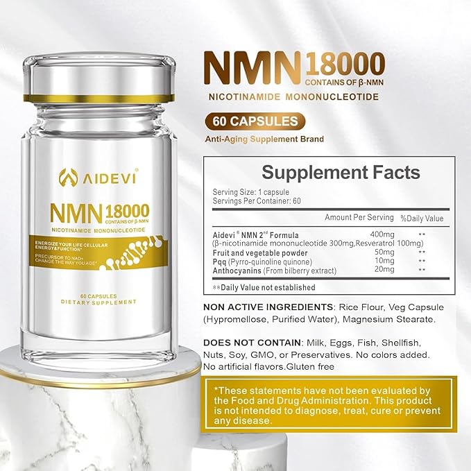 NMN 18000 480mg - 99% Pure Nicotinamide Mononucleotide Supplement with Resveratrol Nobel Laureate Developed Third-Party Tested Increased NAD+ Levels Healthy Aging 60-Day Supply 1pcs