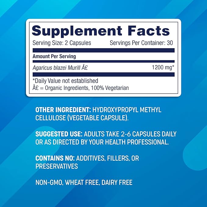 Agaricus Bio 600 mg Agaricus Mushroom for Natural Killer Cell Activity USA-Grown Organic Agaricus Blazei Murill for Immune Support Liver &amp Cellular Health High Beta Glucan Supplements 60 Caps