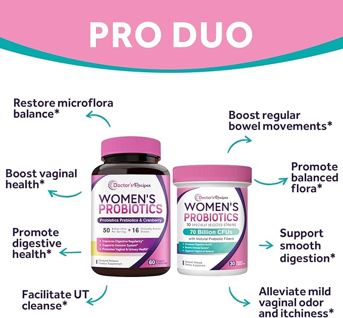 Doctor's Recipes Women's Probiotics Bundle Feminine Health and GI Support No Gluten Pro 50 Billion (60 Capsules) &amp 70 Billion (30 Capsules)