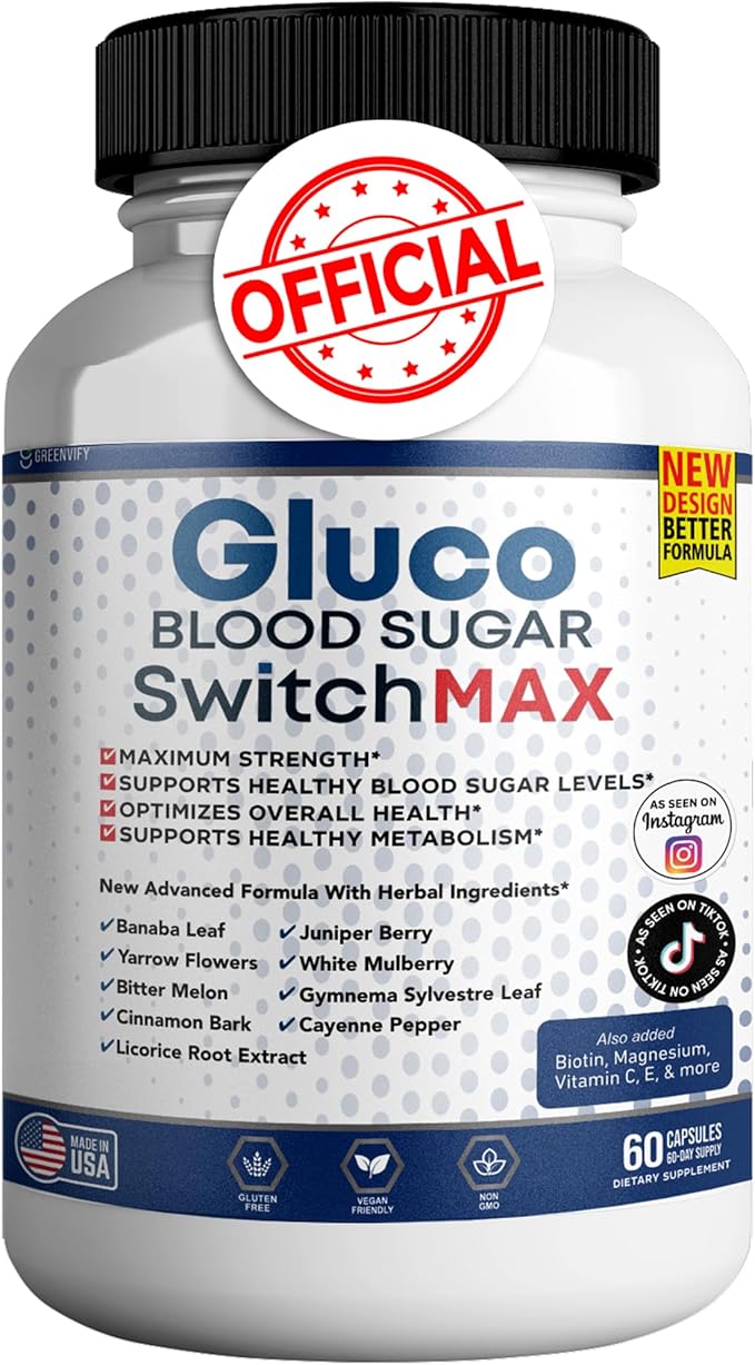 Gluco Blood Sugar Switch Max All Natural Formula to Maintain Healthy Levels Maximum Strength Daily Formula Blood Reviews (1 Pack - 60 Capsules)