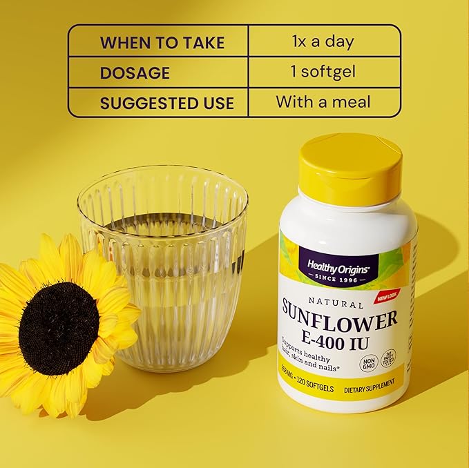 Healthy Origins Sunflower Vitamin E-400 IU (Non-GMO Gluten Free Soy Free Hair Support Nail Support Skin Support Cardiovascular Support) 120 Softgels