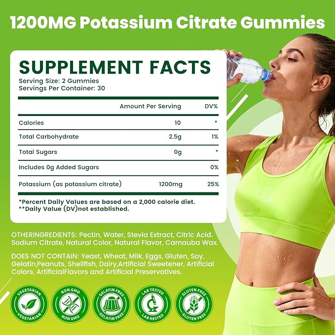 2 Pack Potassium Citrate Gummies 1200mg Sugar-Free Potassium Supplement for Adults &amp Kids - Supports Muscle Health Leg Cramps &amp Electrolyte Balance Vegan Pineapple Flavor 120 Count