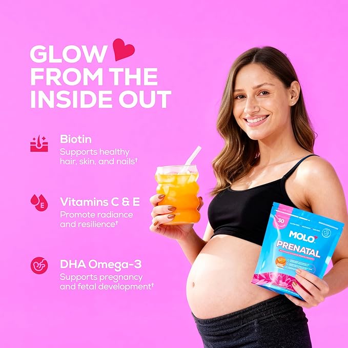 MOLO Prenatal Multi-Vitamin Drink Mix for Women – Packed with essential vitamins &amp antioxidants DHA Omega-3 Methylfolate – 30 Stick Packs with Sweet Orange Flavor – Vegetarian Gluten-Free &amp