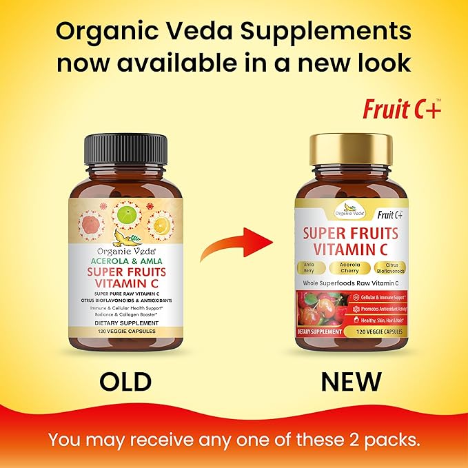 Organic Veda Fruit C+ Vitamin C Complex - 1250mg Organic Whole Food Vitamin C Supplement with Citrus Bioflavonoids Acerola &amp Amla - Daily Antioxidants Immunity Collagen Boost - 120 Vegan Capsul