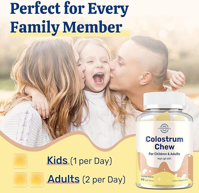 Bovine Colostrum Chews Supplement with 60% IgG for Humans Women Men Kids- for Immune Gut Bone Joint Cognitive Overall Growth from Grass-Fed Cows &amp Vanilla Flavor 60 Soft Chews