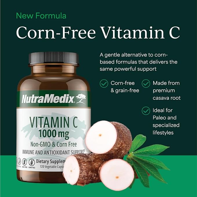 NutraMedix Corn-Free Vitamin C Capsules - Antioxidant &amp Seasonal Immune Support - Vitamin C Supplement with Ascorbic Acid Sourced from Tapioca - 1000 mg (120 Vegetable Capsules)