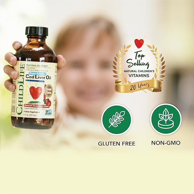 CHILDLIFE Essentials Cod Liver Oil for Kids - Liquid Arctic Cod Liver Oil for Babies 6+ Months Toddlers &amp Kids Added DHA EPA Omega-3 Fatty Acids - Strawberry 8 fl oz
