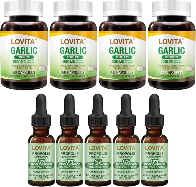 LOVITA 9-Piece Essential Bundle - 5 Propolis Drops &amp 4 Odorless Garlic Capsules Max Strength Support (9 Pc)