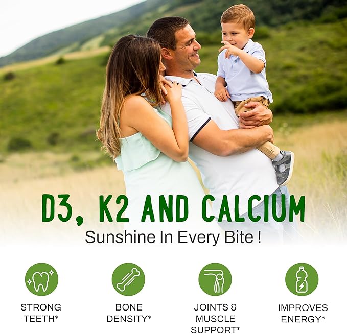OH MY CHEWY Double-Flavored Vitamin D3 K2 &amp Calcium Fluffy Gummies - Supplement for Healthy Teeth Bone &amp Energy - 5000 IU D3 120 mcg K2(MK-7) 120 mg CA - Vegan &amp Non-GMO - 60 Count