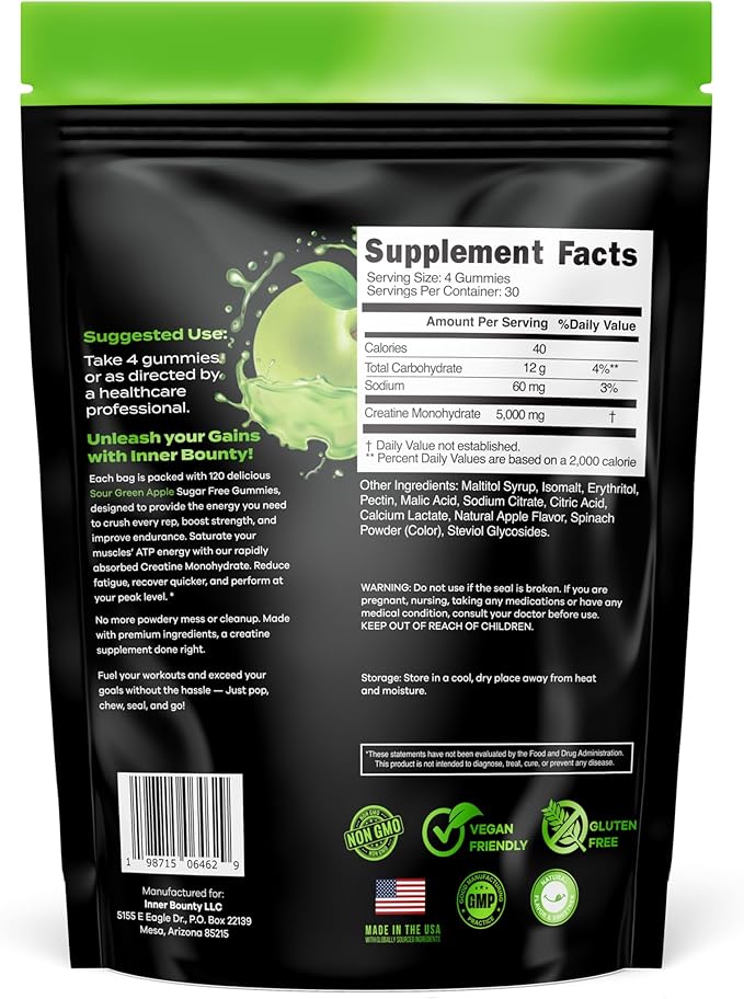 Sugar Free Creatine Monohydrate Gummies 5g Natural Sour Green Apple - 120 Vegan Chews for Men and Women. Cognition and Muscle Support Cellular Energy - Non-GMO &amp Gluten-Free