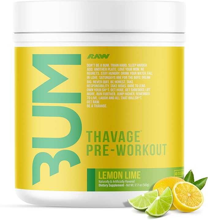RAW Preworkout Powder Thavage (Lemon Lime) - Chris Bumstead Sports Nutrition Supplement for Men &amp Women - Cbum Pre Workout for Working Out Hydration Mental Focus &amp Energy - 40 Servings