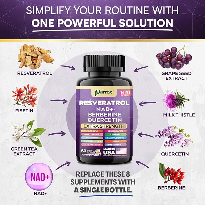 Resveratrol Supplement with Milk Thistle NAD Berberine Quercetin Fisetin Pomegranate Green Tea Noni Acai Blueberry Grape Seed Extracts N-Acetyl Cysteine 14-in-1 Extra Strength (180 Caps)