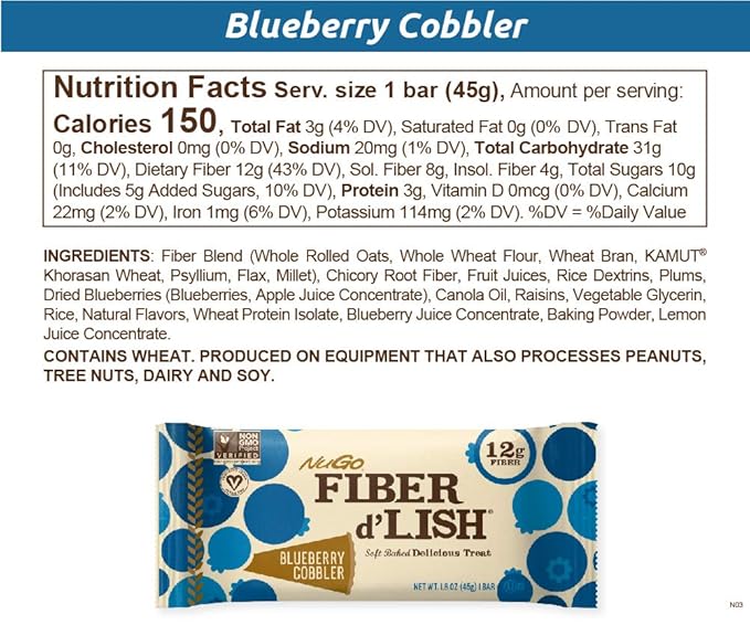 NuGo Fiber d'Lish Blueberry Cobbler 12g High Fiber Vegan 150 Calories 1.6 Ounce (Pack of 16)