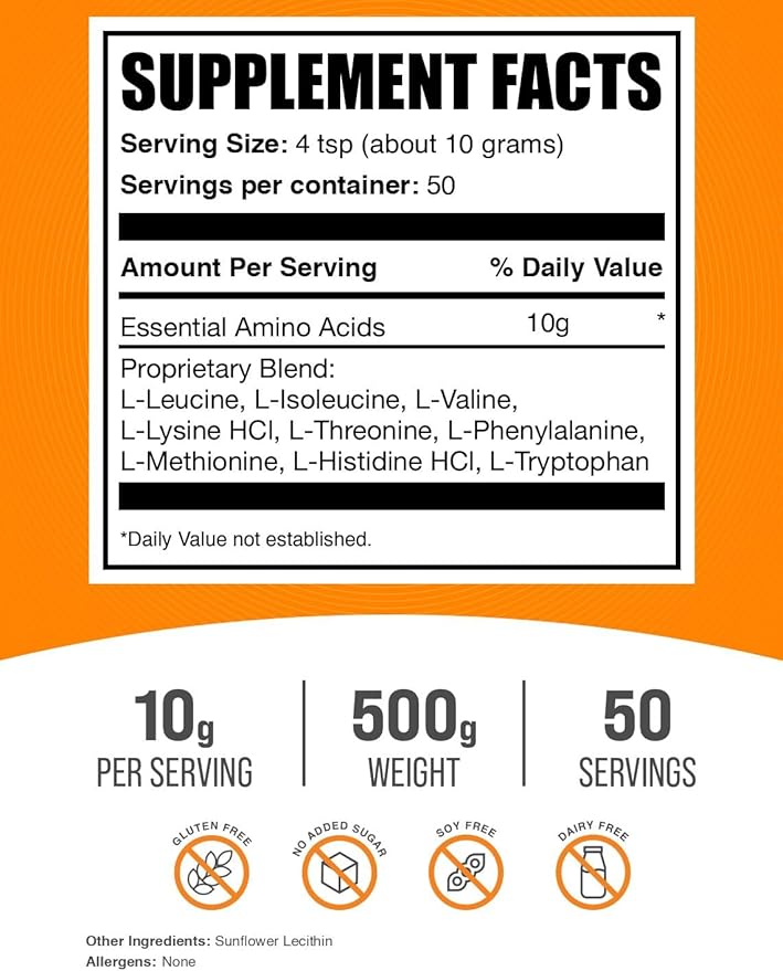 BulkSupplements.com Essential Amino Acids Powder - Essential Amino Acids Supplement EAA Powder - Unflavored &amp Gluten Free 10g per Serving 500g (1.1 lbs) (Pack of 1)