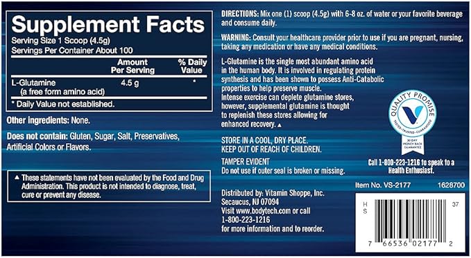 BodyTech Glutamine Powder - Supports Muscle Recovery Immune Health &amp Exercise Performance - Unflavored (15.88 oz 100 Servings)