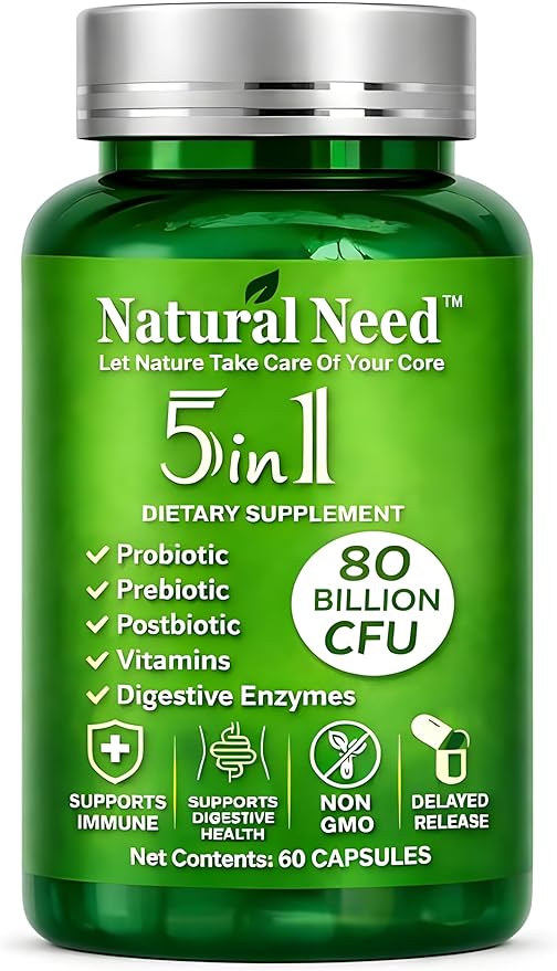 NATURAL NEED™ Gut Health – 5-in-1 Formula with Probiotics Prebiotics Postbiotics Enzymes &amp Vitamins (CD3B12Zinc) – Delayed Release Capsule – Supports Overall Digestion Immunity &amp Gut –