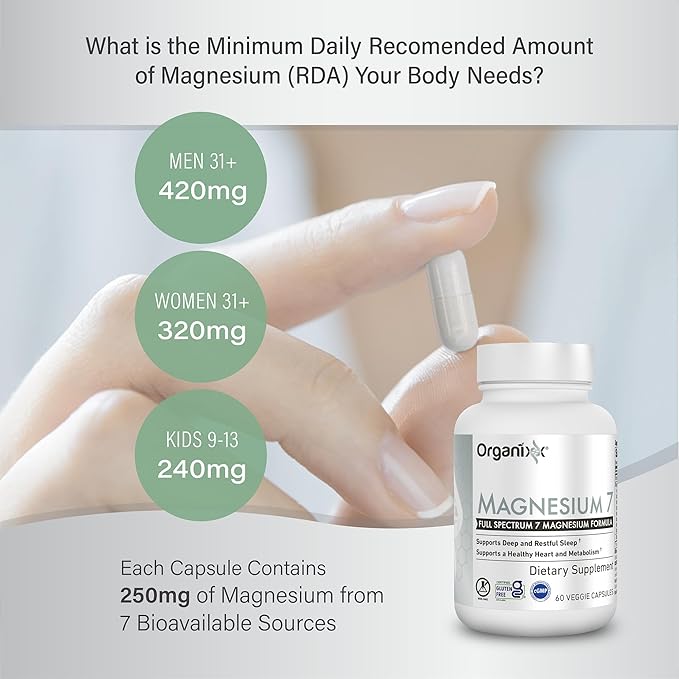 Organixx Magnesium Glycinate Supplement for Support Sleep Muscle &amp Heart Health 7 Type Magnesium Complex with Vitamin B6 Manganese Citrate Gluten Free Vegan Non GMO High Absorption 60 Caps