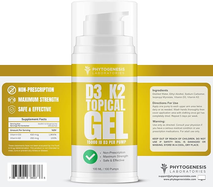 Vitamin D3 K2 Maximum Strength Topical Gel - 15000+ IU Per Pump - The Sunshine Vitamin - Supports Bone &amp Joint Health Immune Support - One Month Supply