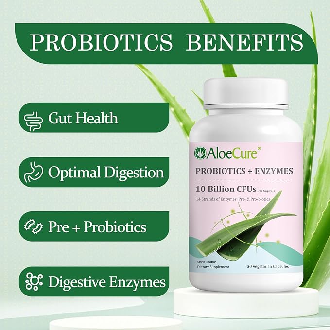 AloeCure Daily Probiotics 10 Billion CFU for Digestive Support 8 Strains 6 Prebiotics &amp Enzymes - Digestive Supplement with Bromelain for Women &amp Men - Gut Support Digestive Relief 30 Caps