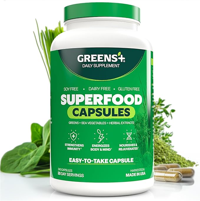 Greens+ Organic Superfood Capsules Organic Spirulina and Chlorella with Alfalfa &amp Wheat Grass Vitamins &amp Minerals Supplements Gluten-Free Vegan Non-GMO 240 Count