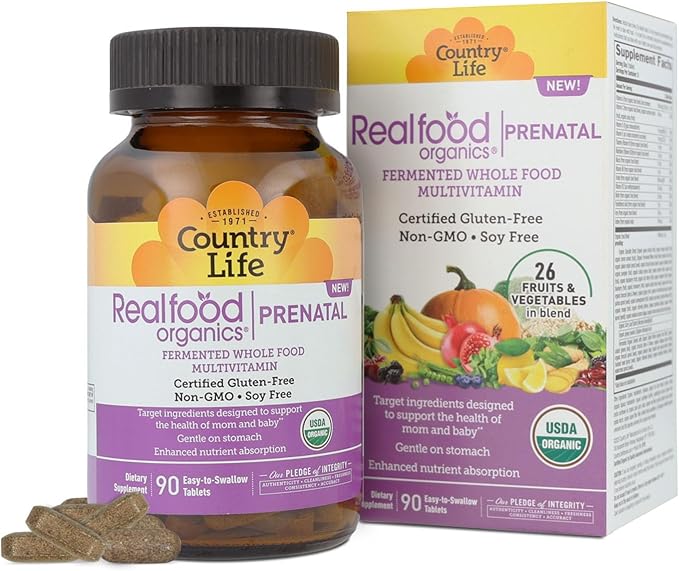 Realfood Organics Prenatal Multi - Before During &amp Post Pregnancy - Folate D3 &amp Iron to Support Healthy Fetal Growth and Development* Gentle on Stomach Gluten-Free Soy Free 90 Tablets