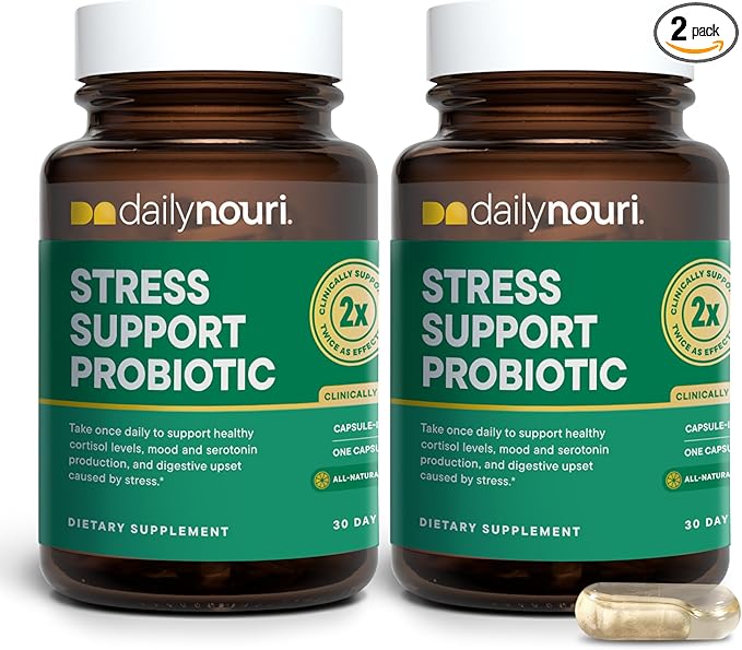 Daily Nouri Stress Support Probiotics for Women &amp Men | Mood &amp Cortisol Support | Gut-Brain Axis + Digestive Support | 3 Clinically Studied Strains + Omega | 60-Day Supply