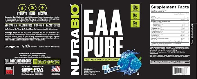 NutraBio – EAA Pure – BCAA Powder– Muscle Repair and Recovery– Pre or Post Workout - Amino Acid Supplement – All Day Recovery 30 Servings Blue Raspberry