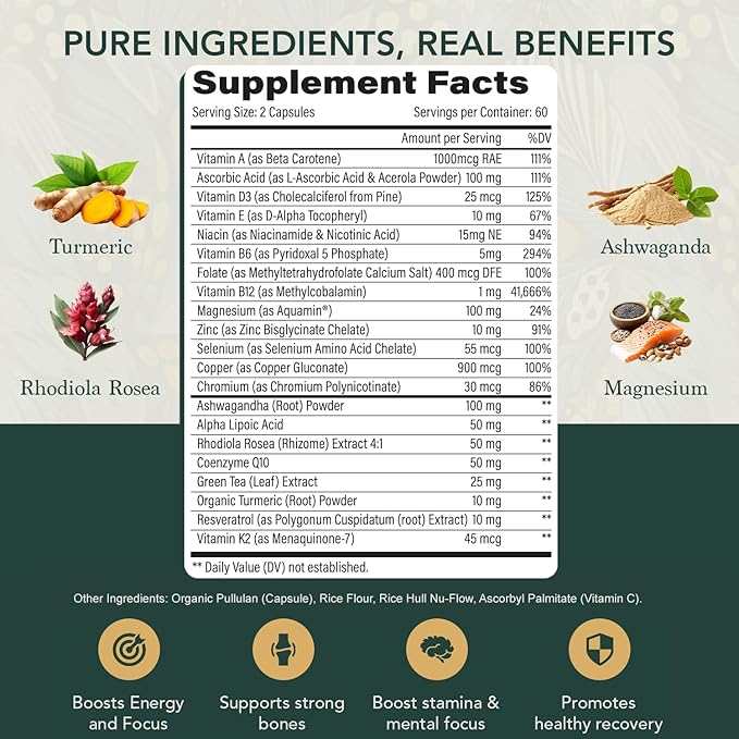 Elements of Life Men’s Multivitamin - High Performance Daily Multi: Methylated Folate &amp B12 - Ashwagandha &amp Rhodiola for Stress &amp Energy - CoQ10 Resveratrol &amp Zinc: Heart &amp Immune