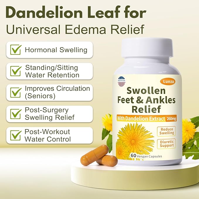 Lunza Swollen Feet and Ankles Relief with 260mg Dandelion Edema Relief for Legs Feet &amp Ankles Water Retention Fast-Acting Formula Natural Ingredients 60 Vegan Capsules