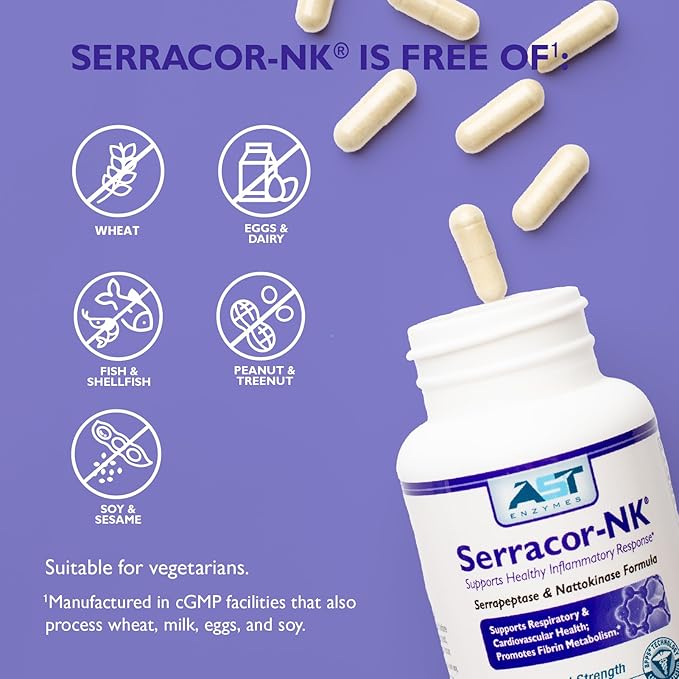 Serracor-NK – 300 Vegetarian Capsules – Circulatory and Respiratory Support – Natural Systemic Enzymes Formula – Contains Acid-Resistant Serrapeptase &amp Acid-Resistant Nattokinase