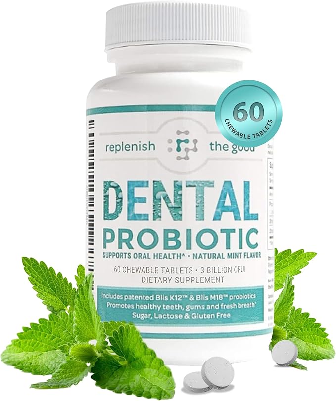 Dental Oral Probiotic 60 Chewable Tablets - Supplements w/BLIS K12 &amp M18 - Bad Breath Treatment for Adults - Boosts Oral Health - Fights Halitosis Tooth Decay Strep Throat (Mint Flavor)