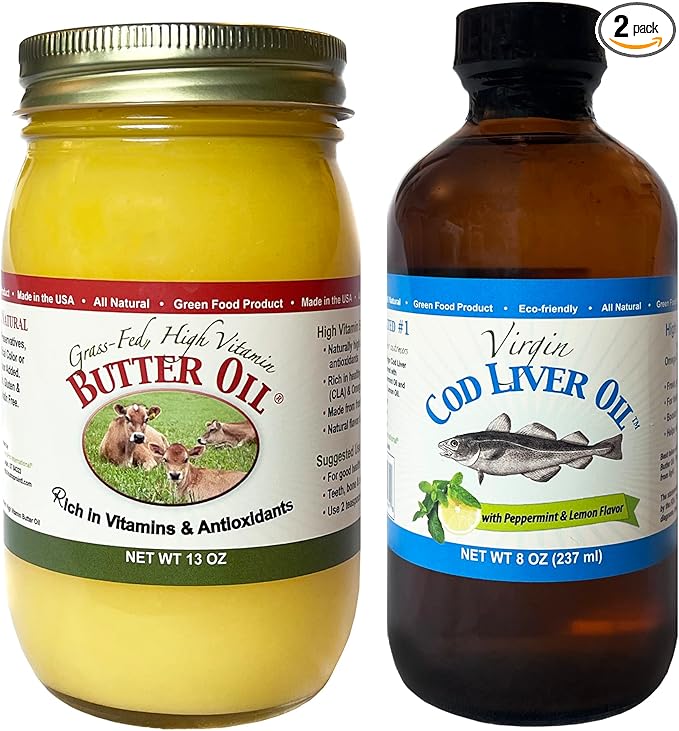 High Vitamin Butter Oil (13 Oz) &amp Virgin Cod Liver Oil High in Vitamin D Omega 3 DHA/EPA (8 Oz Mild Lemon &amp Peppermint Flavor)