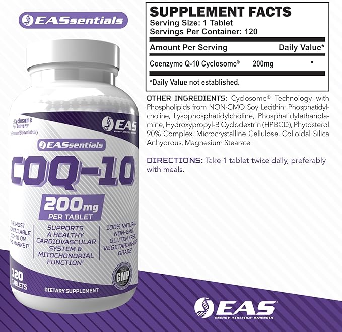EAS Experimental and Applied Sciences COQ-10 200mg | Antioxidant Supporting Heart Health &amp Energy Production | Gluten Free Non GMO | Better Absorption with Cyclosome Delivery | 120 Tablets