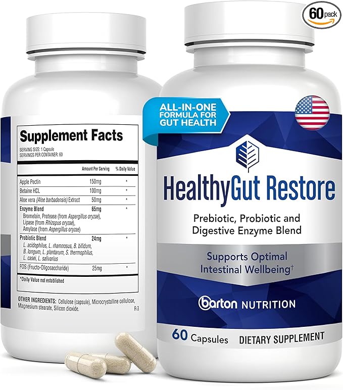 Healthy Gut Restore - Gut Health Supplements Prebiotic and Probiotics for Digestive Health Immune Support Bloating Relief Digestive Enzyme for Women &amp Men Made in USA - 60 Caps 2 Month Suppl