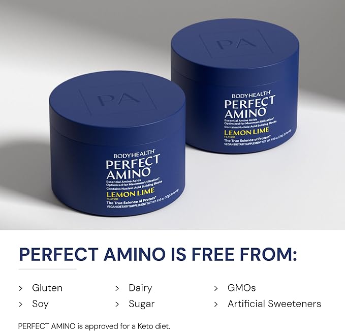 BodyHealth PerfectAmino - BCAA and EAA Powder for Pre and Post Workout - Amino Acid Energy Drink for Men and Women to Support Lean Muscle and Recovery - Lemon Lime - 20 Servings