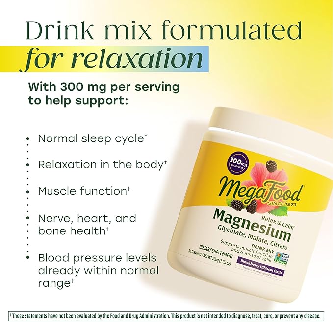 MegaFood Relax + Calm Magnesium Powder - Highly Absorbable Magnesium Glycinate Citrate &amp Malate - Without 9 Food Allergens - BlackBerry Hibiscus Oasis - 7.05 Oz (50 Servings)