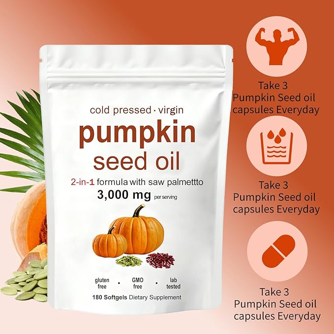 Pumpkin Seed Oil Pumpkin Seed Oil Capsules with Saw Palmetto | 3000mg Cold Pressed | for Hair Growth - Non-GMO - 180 Softgels（N-1）