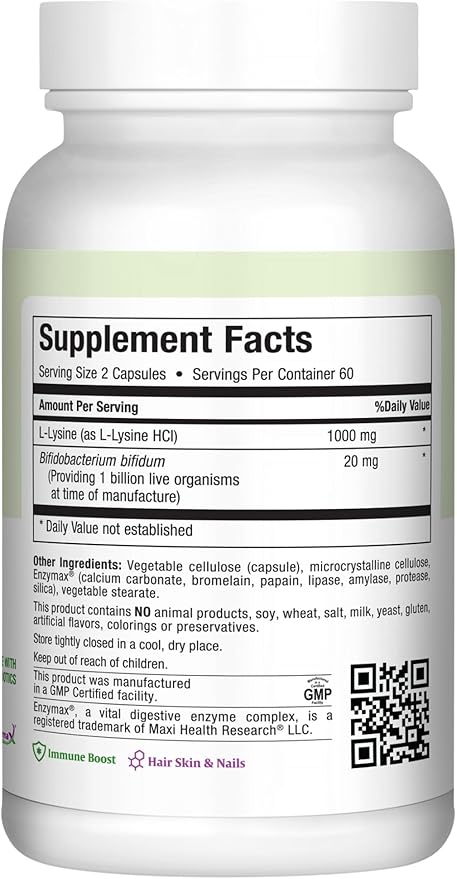 Maxi Health Lysine Complex with Probiotics - L-Lysine 1000mg for Protein Synthesis Canker Sores and Skin – 60 Capsules
