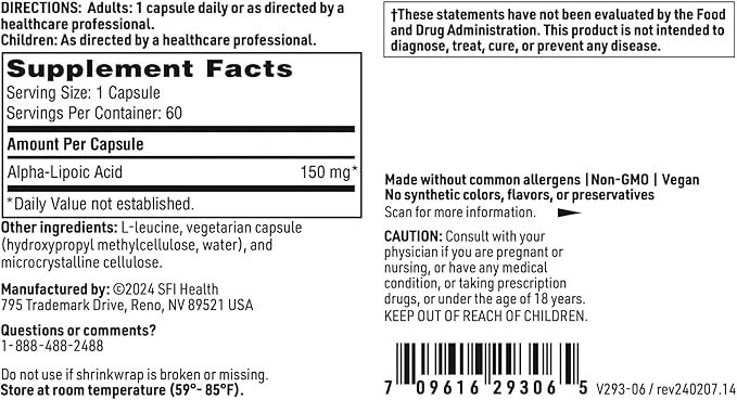 Klaire Labs SFI Health Alpha-Lipoic Acid 150mg - ALA Supplement to Promote Liver Detox Antioxidant Support - Hypoallergenic &amp Corn-Free (60 Capsules)