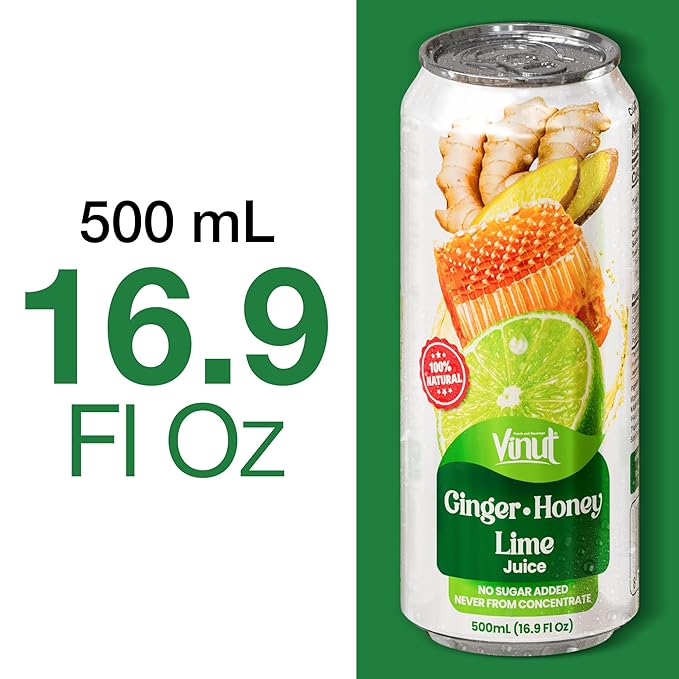 VINUT Ginger Honey &amp Lime Juice 85% Juice No Added Sugar Not From Concentrate 16.9 fl oz (500 mL) Can Pack of 6