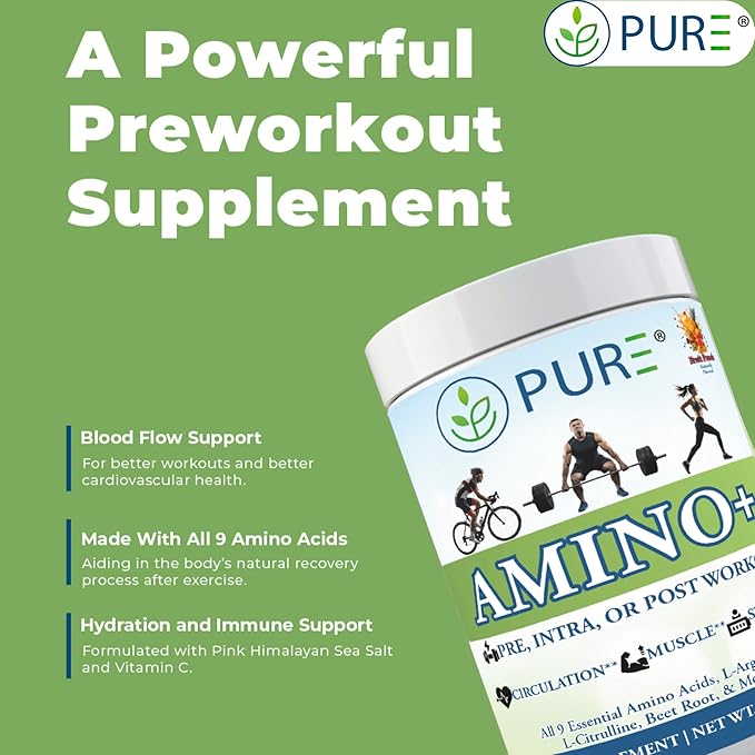 PURE® Amino+ Essential Amino Acids Powder - 30 Servings 500g - Full Spectrum EAA with L-Arginine L-Citrulline &amp Beet Root - Muscle Recovery &amp Hydration Drink - Fruit Punch Flavor Made in US