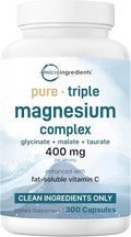 Micro Ingredients Pure Magnesium Complex 300 Capsules | Triple Magnesium Glycinate Malate Taurate with Vitamin C | 100% Chelated | Supports Muscles Nerves &amp Energy | Only Active Ingredients
