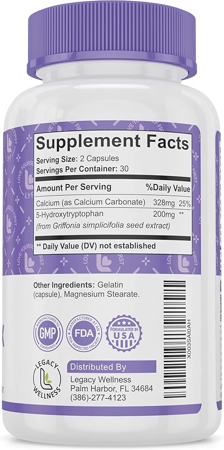 SERINI-MAX - 5-HTP Mood Support Supplement + Calcium - Supports Calm &amp Peaceful State of Mind - Boost Serotonin 5HTP 200mg for Stress Management &amp Sleep Support Supplements - 60 Capsules
