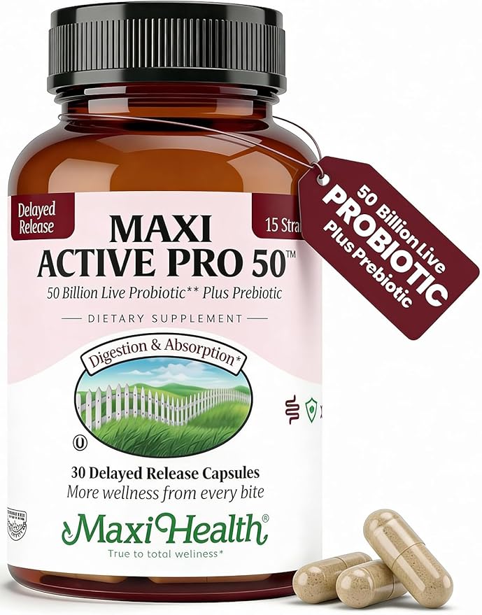 Maxi Health Probiotic Plus Ultimate Prebiotic Advanced Live Probiotics Formula - 50 Billion Live Active Probiotic - 15 Strains - Ultra Protection - Active Pro-50-30 Count