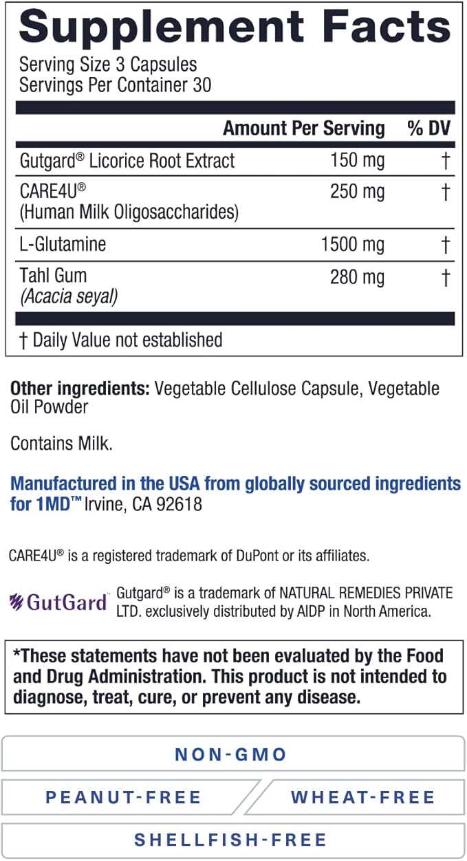 1MD Nutrition GutMD - L-Glutamine Capsules w/Prebiotic for Gut Health - L Glutamine Supplement - Supports Healthy Digestive Tract Integrity - 90 Capsules