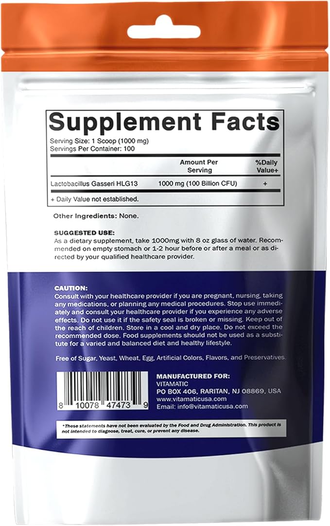 Vitamatic Lactobacillus Gasseri Probiotic Powder - Digestive Health Support - 100 Gram (3.5 OZ) - 100 Servings