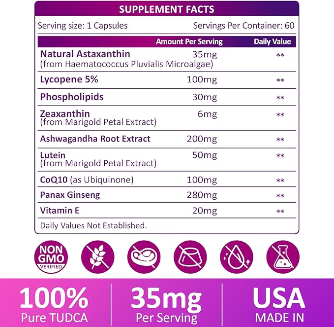 Liposomal Astaxanthin Supplement Complex 9-in-1 with Ashwagandha Lycopene Zeaxanthin Antioxidant Supplement Support Eye Skin &amp Joint Health 120 Capsules