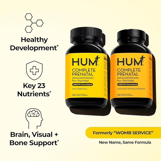 HUM Complete Prenatal Multivitamin for Women with Folate DHA and Choline 23 Nutrients for Daily Support Gluten Free Non GMO Supplement for Pre During and Post Pregnancy 30 Vegan Capsules