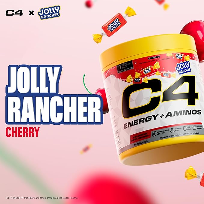 C4 Energy + Aminos Powder Jolly Rancher Cherry 5g BCAAs &amp EAAs for Muscle Recovery 3 Electrolytes for Hydration 100mg Natural Caffeine Pre Workout Zero Sugar 30 Servings